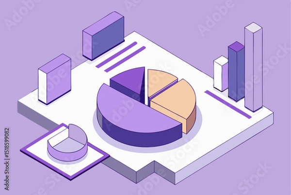 Fototapeta Data charts on purple background, pie and bar graphs, business or analysis concept, statistics and information, productivity and insight.