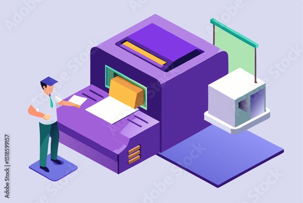 Fototapeta Man operating large purple industrial machine, working process, production or manufacturing concept, paper feeding, equipment operation, modern factory or workshop scene.