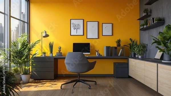 Obraz A modern home office with yellow walls, a gray desk, and several plants near a large window view
