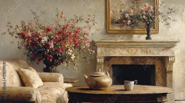 Obraz A painting of an interior living room scene with a sofa, flowers, teapot, and fireplace mantelpiece