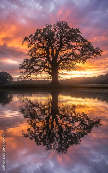 Obraz A beautiful sunset illuminates a large oak tree reflected in calm water.