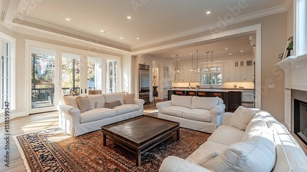 Obraz A living room with white sofas, a dark wood coffee table, and an open view into a bright kitchen area