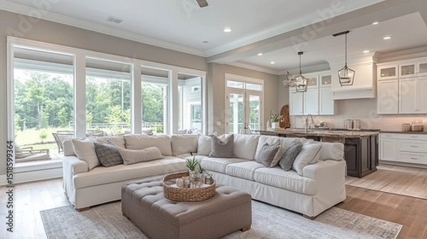 Obraz Bright open concept living space with white sectional sofa and kitchen in background during daytime