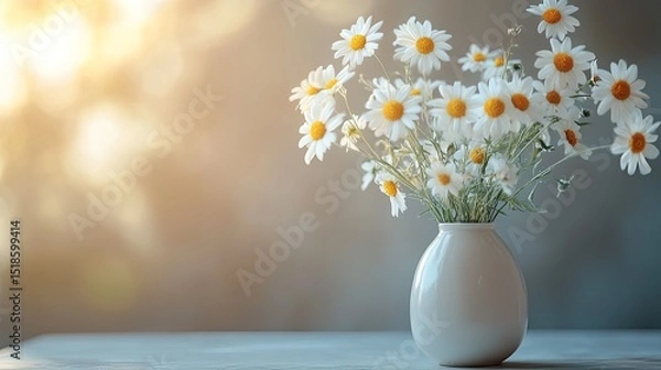 Obraz A vase filled with daisies on a table in front of a blurred background with a light source shining