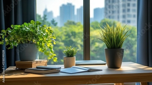 Obraz A view of a wooden desk with plants, notebook, and laptop in front of a window with city background