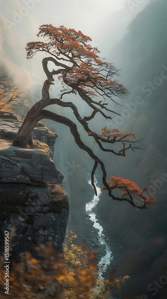 Obraz A solitary tree with vibrant orange leaves growing on the edge of a cliff overlooking a misty valley.