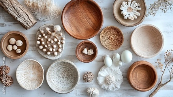 Obraz Overhead shot of various wooden and ceramic bowls, decorative items, and natural elements on a white surface