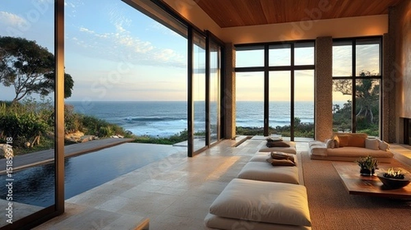 Obraz A luxurious living room with ocean view, featuring a pool and large windows letting in natural light