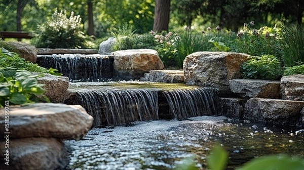 Obraz A scenic view of a small cascading waterfall surrounded by rocks and lush greenery in a tranquil garden
