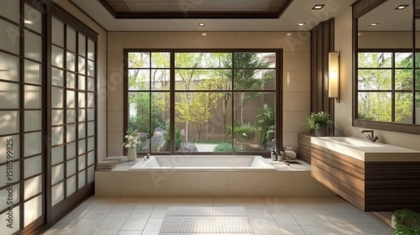 Obraz A serene bathroom featuring a large window overlooking a lush garden with a soaking tub and vanity