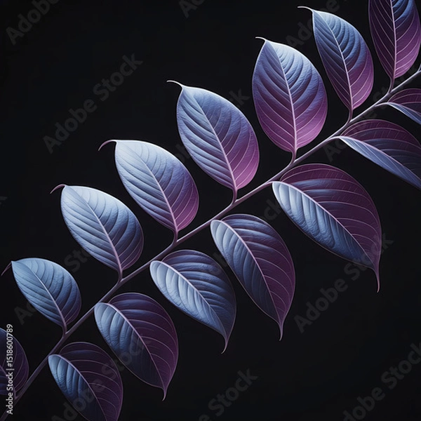 Obraz Stunning image of a branch with vibrant purple and blue leaves against black.
