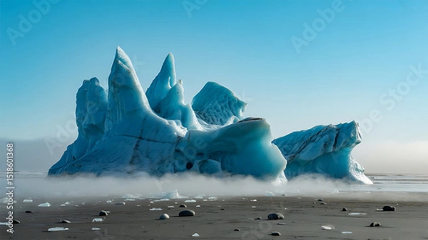 Obraz A majestic iceberg rests on a black sand beach under a clear, blue sky.
