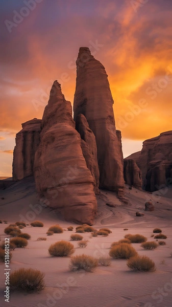 Obraz Stunning sunset over towering desert rock formations, casting warm golden light.