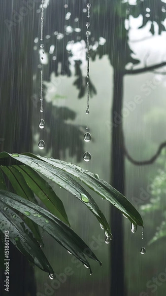 Obraz Raindrops cascade over lush green leaves, creating a refreshing scene in nature.