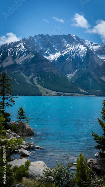 Obraz Breathtaking view of a turquoise lake surrounded by majestic snow-capped mountains.