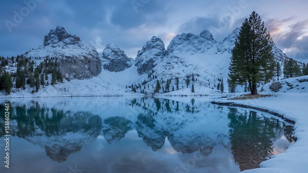Obraz Majestic snow-covered mountains reflect in a calm lake at dusk, creating a stunning scene.