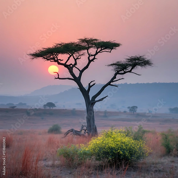Obraz Stunning sunset over an acacia tree in the African savanna landscape.