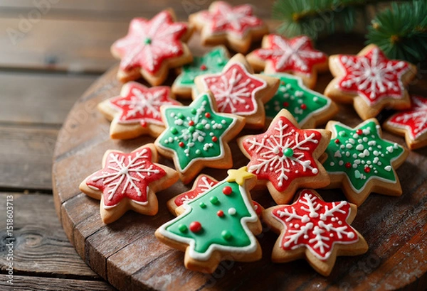 Fototapeta AI generated. Christmas cookies on a wooden background