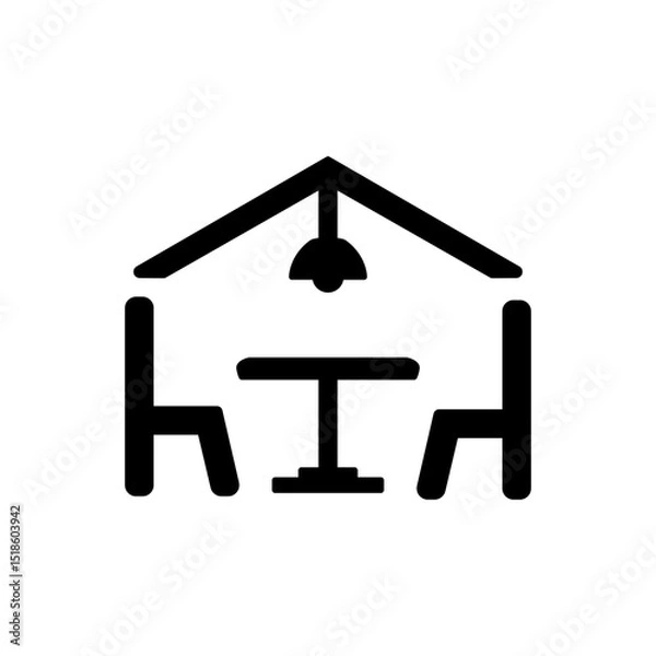 Obraz Simple dining room icon. Table, chairs and chandelier in line style. Interior design, floor plan, restaurant, cafe