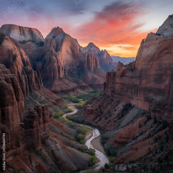 Obraz Vibrant sunset illuminates a winding river carving through a desert canyon.