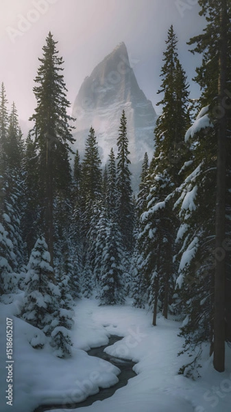 Obraz Stunning winter landscape showcases a snow-covered mountain and forest with a stream.