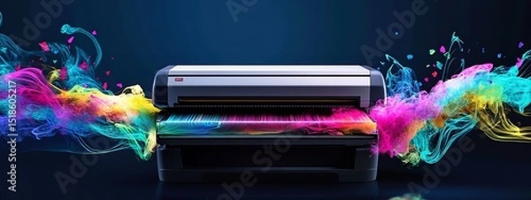 Fototapeta Advanced Color Printer Releasing Vibrant Streamers and Ink Splashes on Dark Blue-Green Background