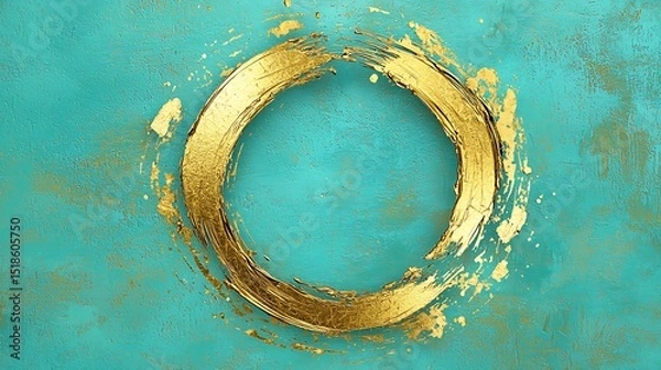 Obraz A broken gold circle brushstroke with soft blot smears radiating outward, creating a textured, artistic design on a bright teal background.