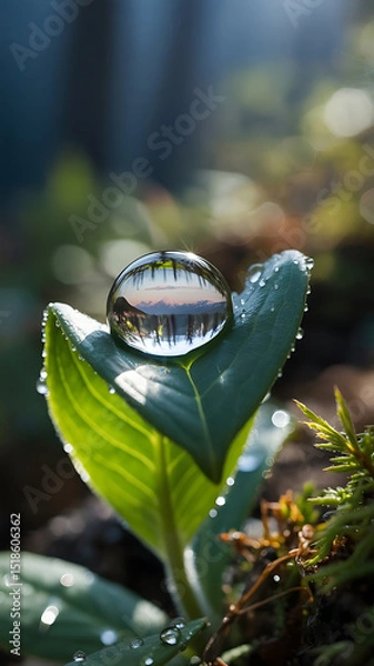 Obraz A stunning macro shot of a water droplet on a vibrant green leaf with an inverted landscape.