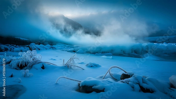 Obraz The winter landscape captures a cold, snowy scene with ice, fog, and distant mountains.