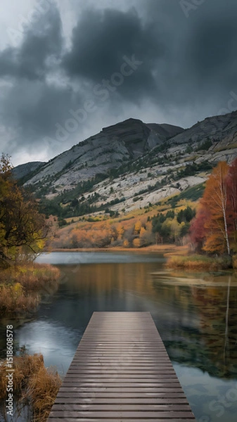 Obraz Scenic autumn landscape featuring a wooden pier extending over a calm lake towards mountains.
