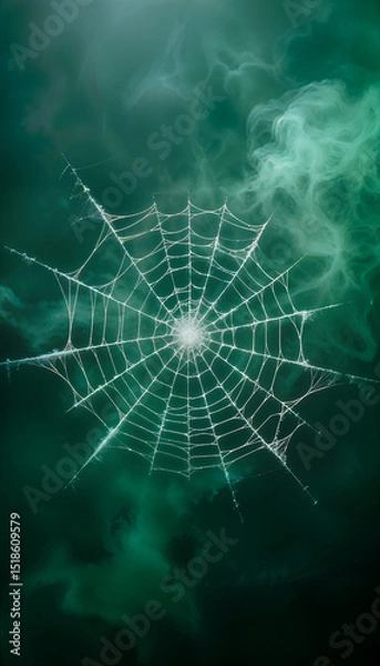 Fototapeta AI generated image of green smoke and spiderwebs. Halloween background