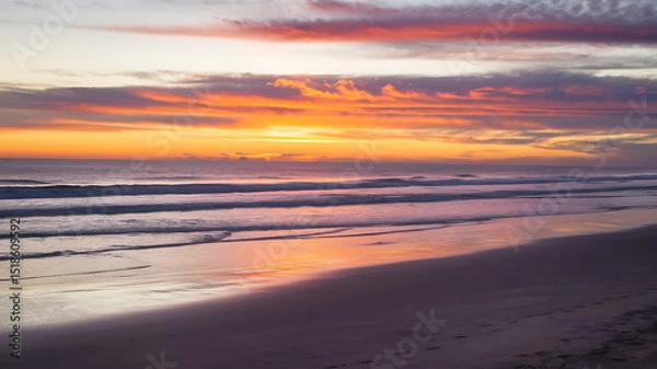 Obraz Dramatic sunset colors the sky and reflects on wet sand, creating a stunning coastal scene.