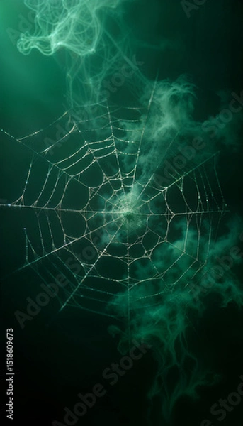 Fototapeta AI generated image of green smoke and spiderwebs. Halloween background
