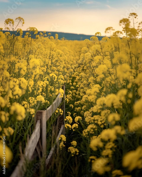 Obraz A beautiful landscape showcases a field of yellow flowers with a wooden fence