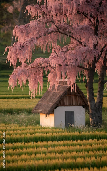 Obraz A picturesque cottage in a wheat field, shaded by a blooming pink tree during golden hour.