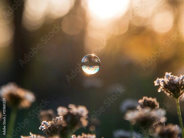 Obraz The image showcases a floating bubble reflecting the beauty of the setting sun with flowers in focus.