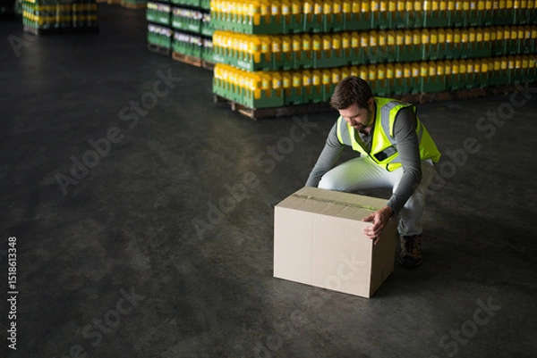 Obraz Man in safety vest crouching and lifting box by pallets of bottles in warehouse, copy space