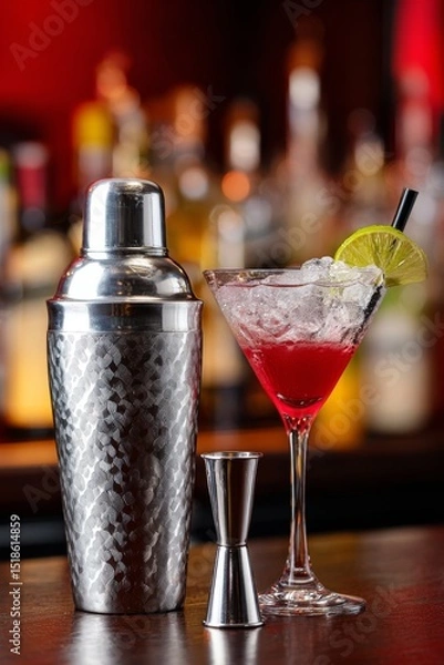 Fototapeta Cocktail glass with red drink, crushed ice and lime slice on the rim, standing next to a textured metal shaker and jigger on a bar counter with blurred bottles in the background