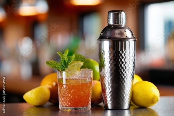 Fototapeta Refreshing cocktail with crushed ice, lime wedge and mint in a textured glass beside a metallic shaker, surrounded by lemons and citrus fruits on a bar counter with soft background blur
