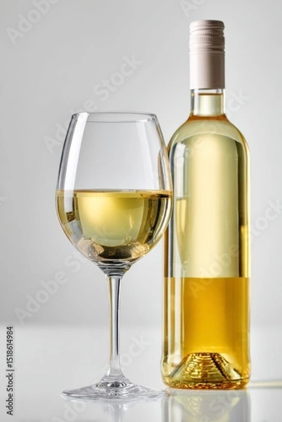 Fototapeta Glass of white wine with a full wine bottle beside it on a reflective white surface and neutral background