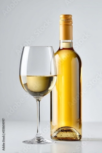 Fototapeta Glass of white wine and sealed wine bottle on white table with soft light and neutral background