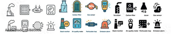 Fototapeta Air quality monitoring collection: pollution detection and environmental safety icons