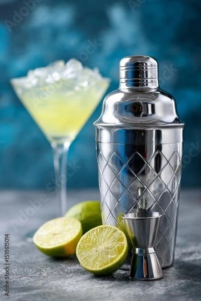 Fototapeta Stainless steel cocktail shaker with jigger and fresh lime in foreground, icy margarita in a glass blurred in background on blue textured backdrop