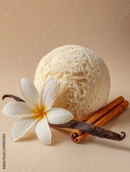 Fototapeta Vanilla ice cream scoop with cinnamon sticks, vanilla bean and white flower in elegant still life on soft beige background