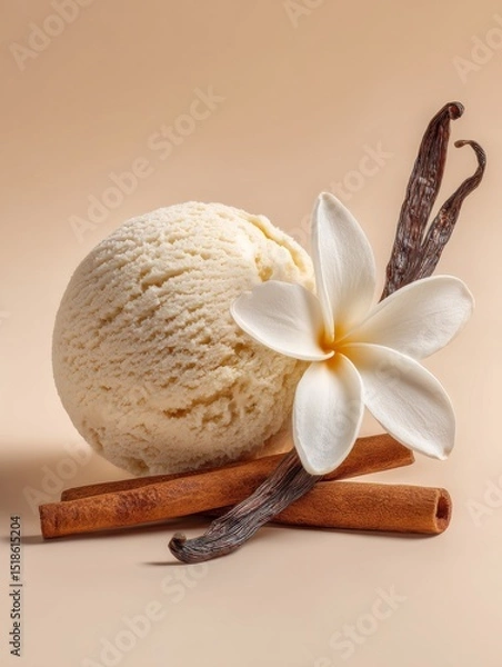 Fototapeta Scoop of vanilla ice cream with vanilla flower, cinnamon sticks and vanilla pods arranged in a delicate still life on soft beige background