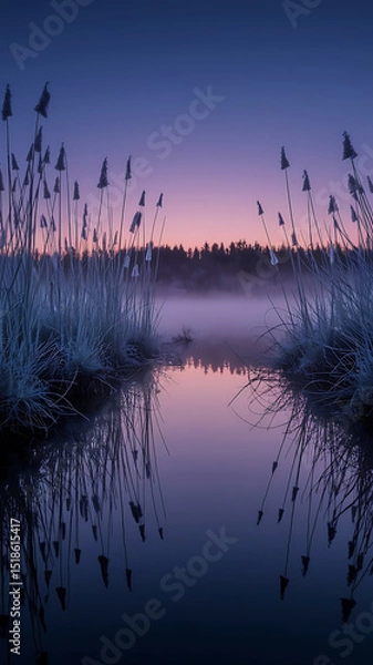Obraz A serene sunset over a misty lake, reflecting the sky and surrounding landscape.