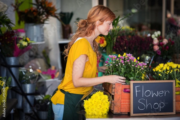 Obraz Female florist arranging yellow mums, daisies on wooden counter with chalkboard sign in flower shop