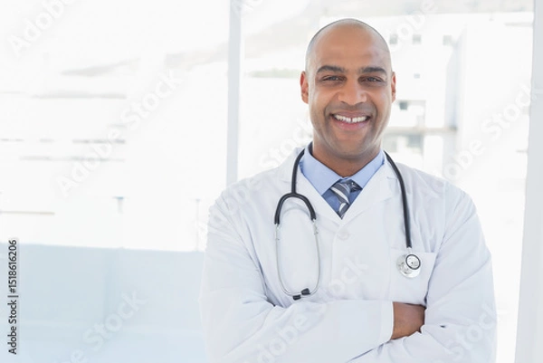 Obraz Male doctor standing in clinic corridor with floor-to-ceiling windows, wearing stethoscope and coat