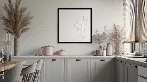 Fototapeta Interior design kitchen space featuring a framed art piece.