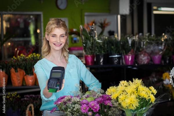 Obraz Female florist standing behind flower shop counter, presenting card terminal near bouquets